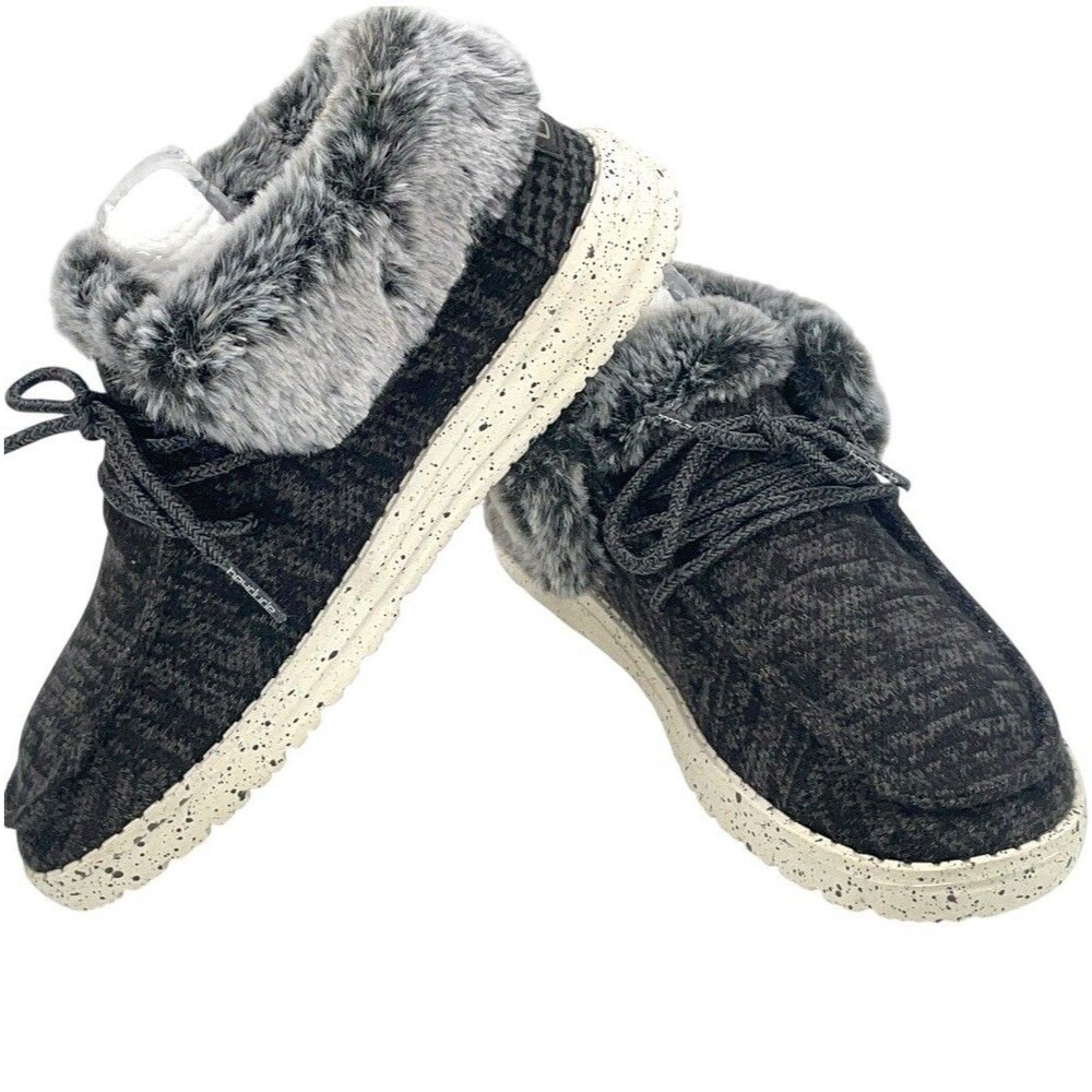 Hey Dude Wendy Faux Fur Womens Size 5 Black Heather Slip On Casual Shoes
